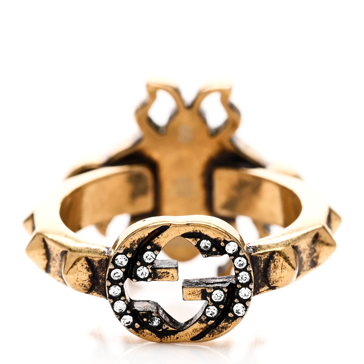 Gucci Metal Crystal Pearl Bee Ring S Aged Gold 3 of 5