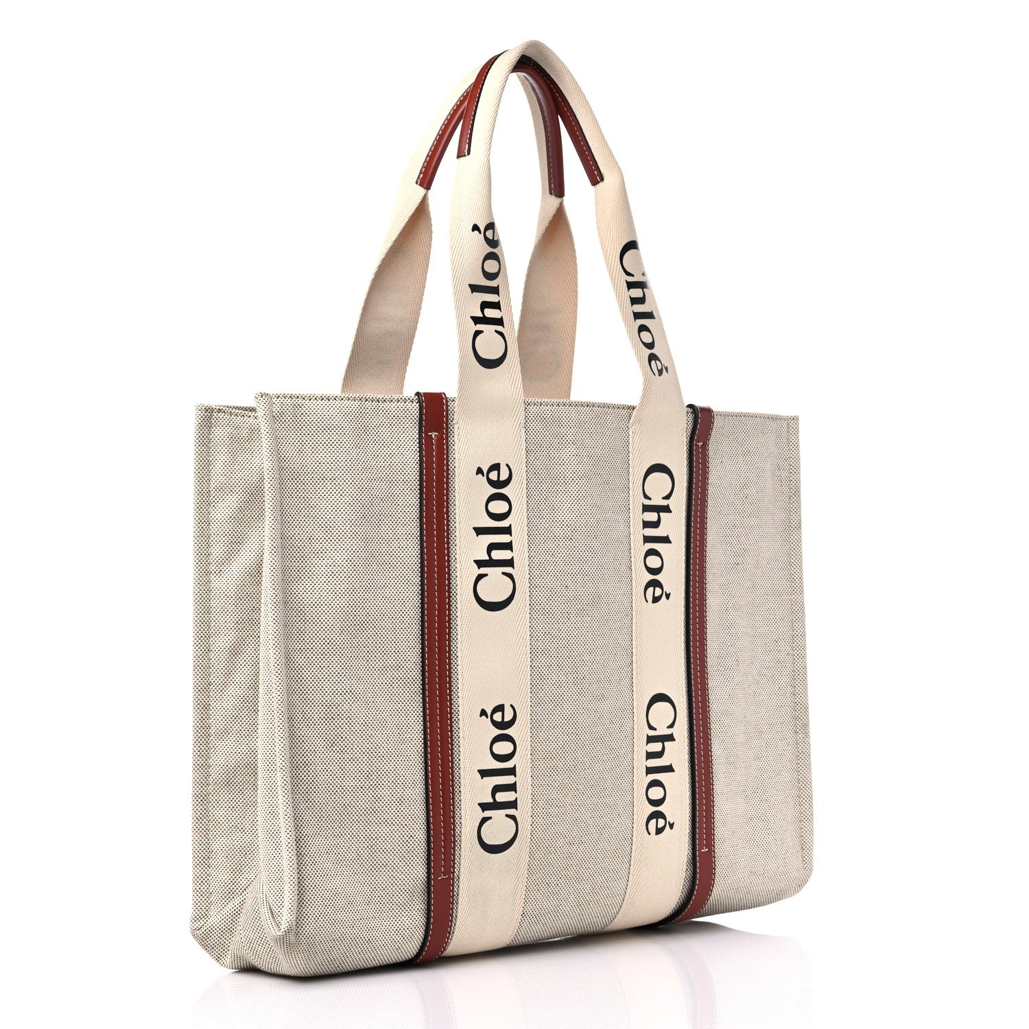 Chloe Cotton Calfskin Large Woody Ribbon Tote White Brown 3 of 14