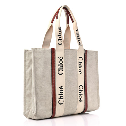 Chloe Cotton Calfskin Large Woody Ribbon Tote White Brown 3 of 14