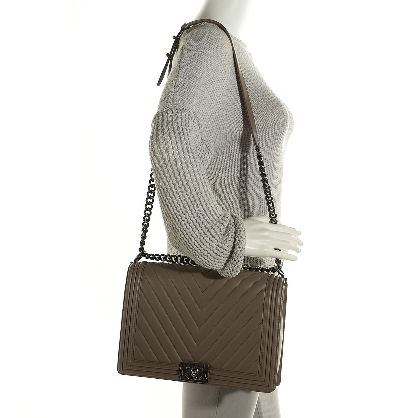 Calfskin Chevron Large Boy Flap Grey