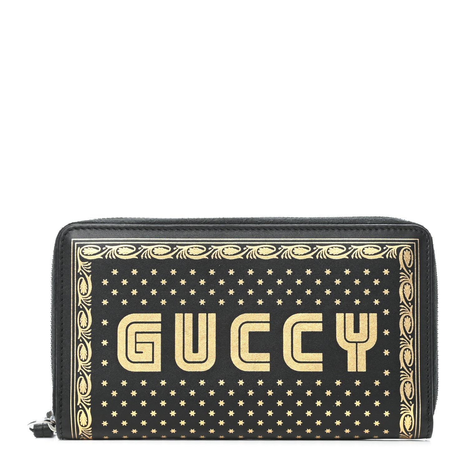 Gucci X SEGA Calfskin GUCCY Stars Zip Around Wallet Black Gold 1 of 7