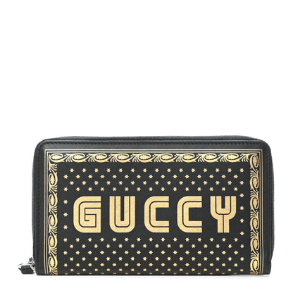 Gucci X SEGA Calfskin GUCCY Stars Zip Around Wallet Black Gold 1 of 7