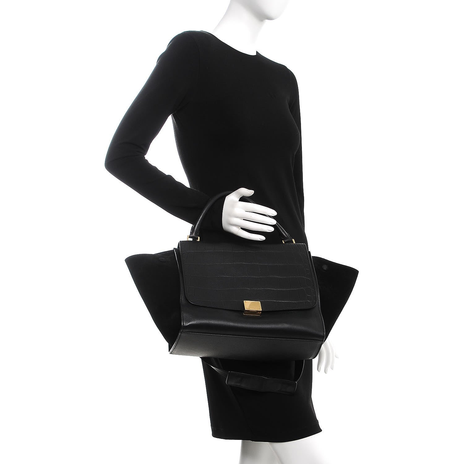Celine Crocodile Embossed Calfskin Medium Trapeze Black 2 of 10