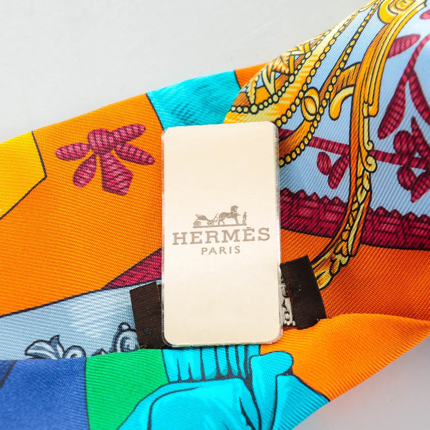 Hermes Silk Cavalleria D'Etriers Twilly Emeraude Orange Turquoise 4 of 5