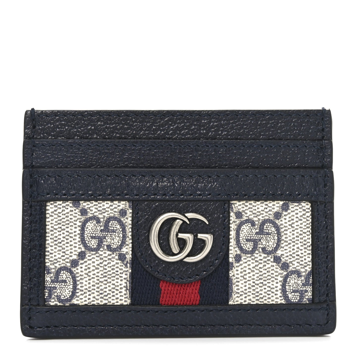 GG Supreme Monogram Textured Dollar Calfskin Web Ophidia Card Holder Beige Blue