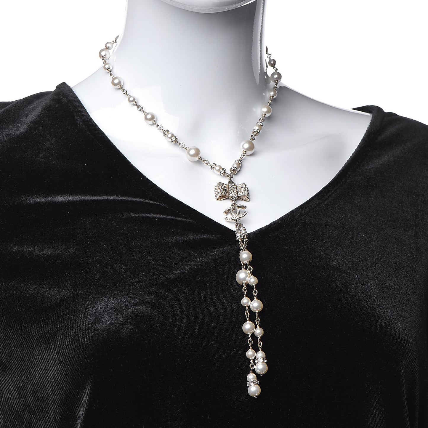 Crystal Pearl CC Bow Necklace Gold