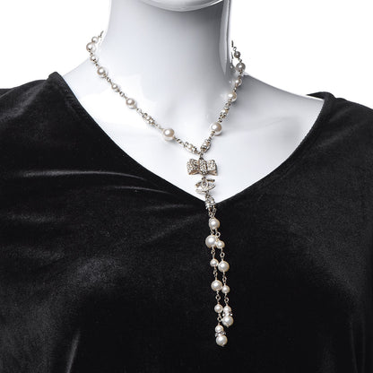 Chanel Crystal Pearl CC Bow Necklace Gold 2 of 7