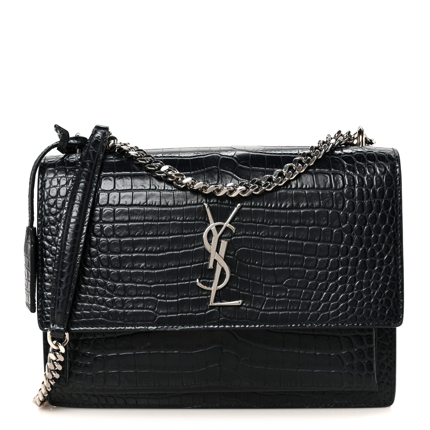Saint Laurent Calfskin Crocodile Embossed Medium Monogram Sunset  Deep Marine 1 of 12