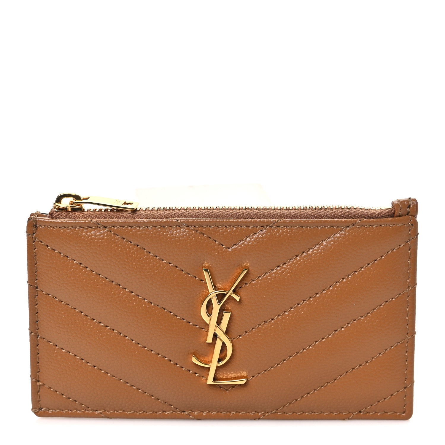 Saint Laurent Grain De Poudre Matelasse Chevron Monogram Fragments Zippered Card Case Cork 1 of 7