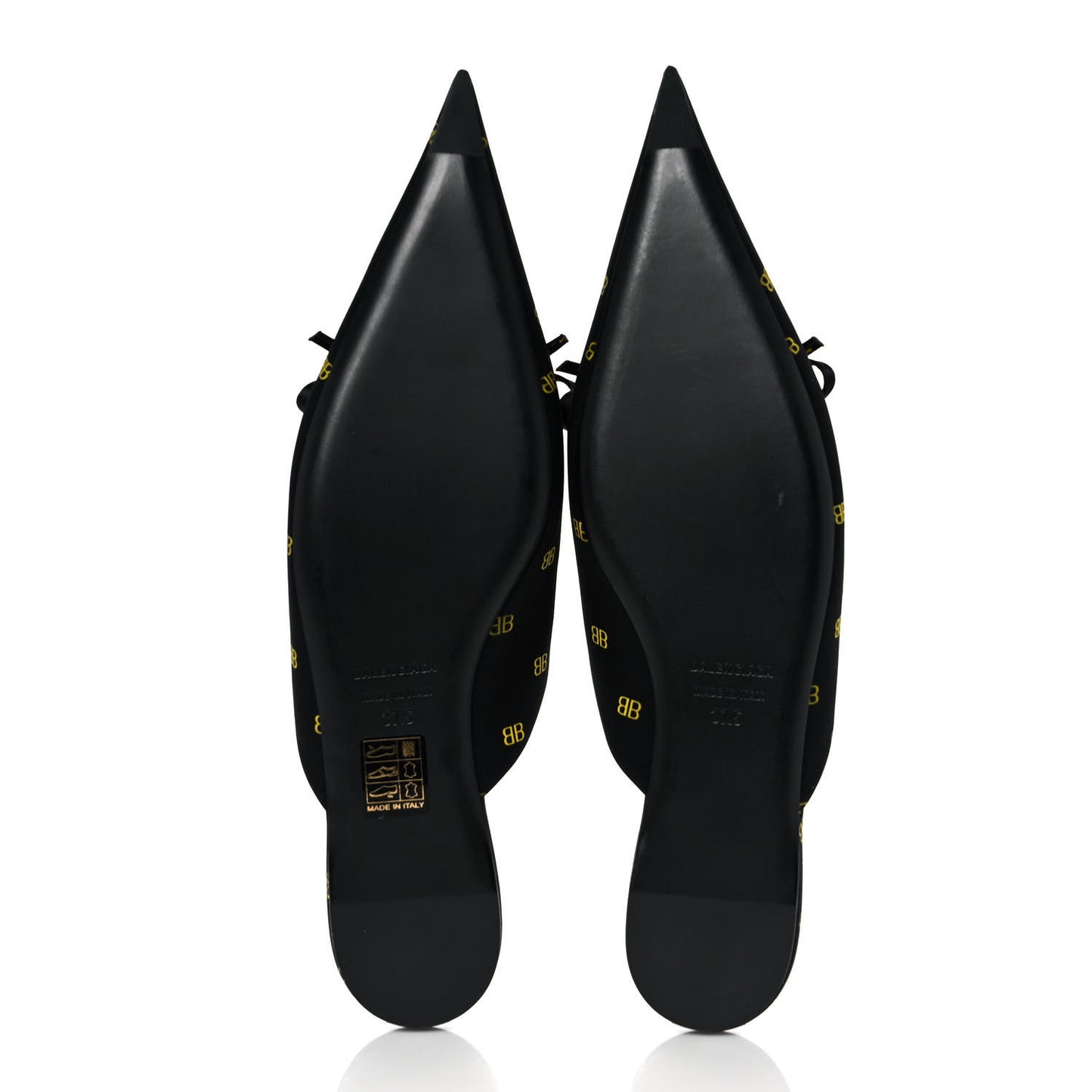 Crepe Satin BB Printed Pointy Toe Knife Flat Mules 37.5 Black Yellow Fluo