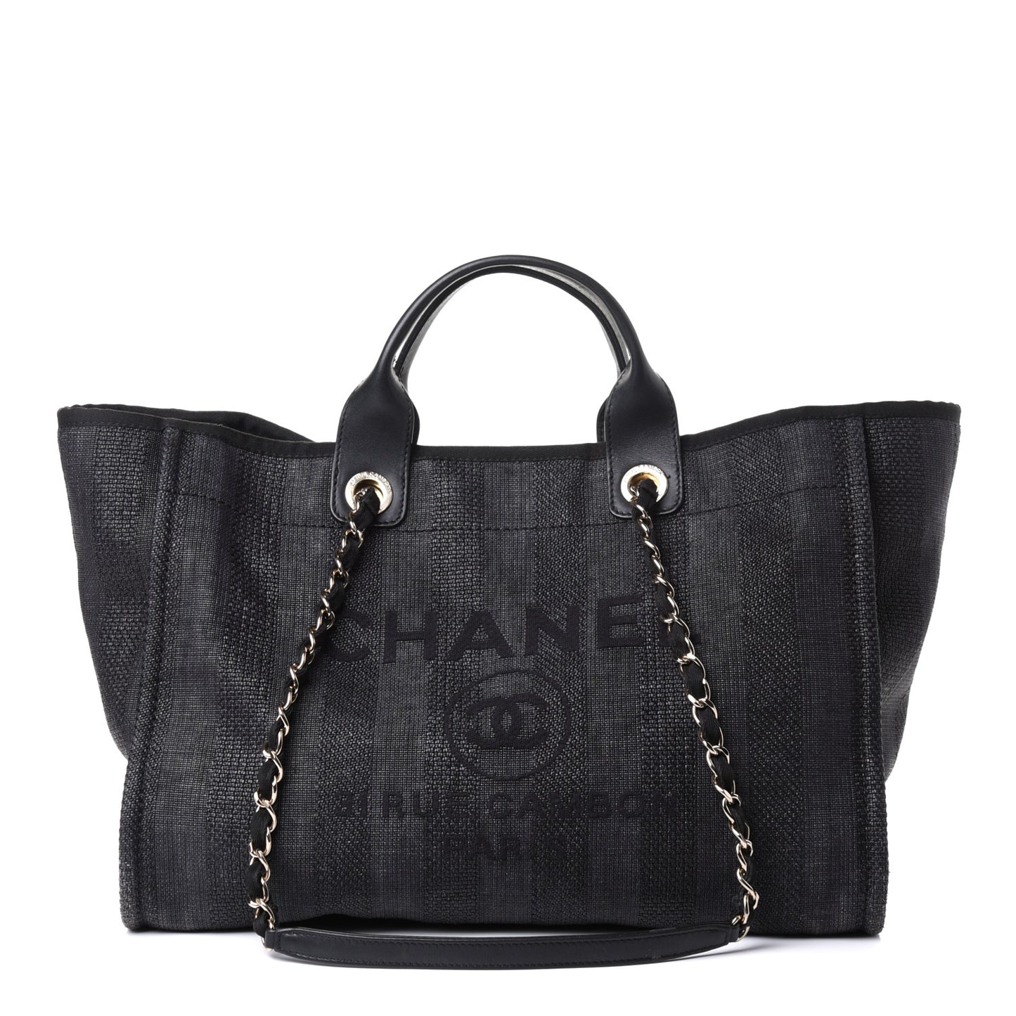Mixed Fibers Calfskin Striped Medium Deauville Tote Black
