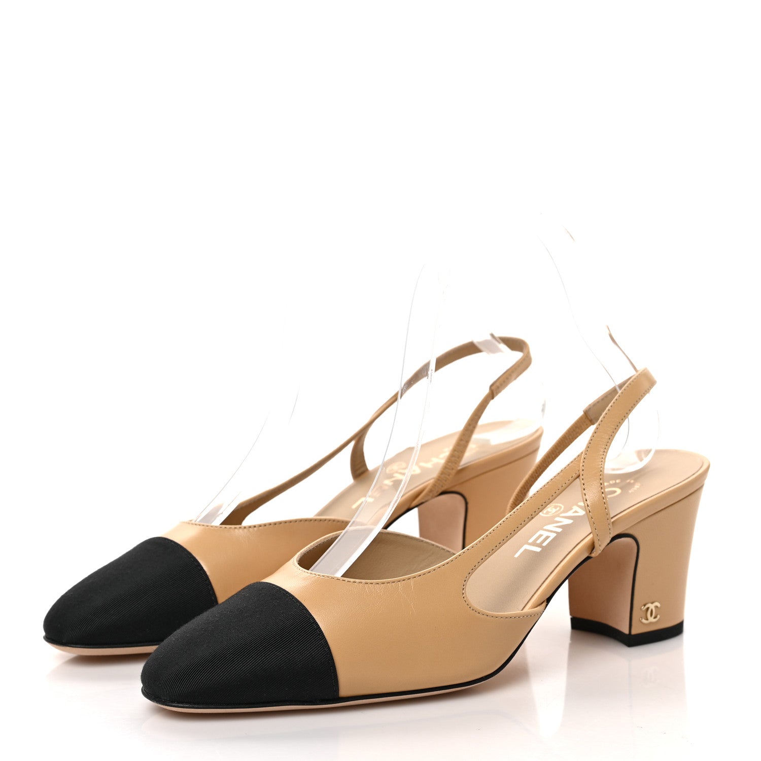 Chanel Goatskin Grosgrain Cap Toe CC Slingback Pumps 37.5 Beige Black 3 of 9