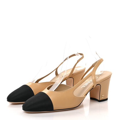 Chanel Goatskin Grosgrain Cap Toe CC Slingback Pumps 37.5 Beige Black 3 of 9