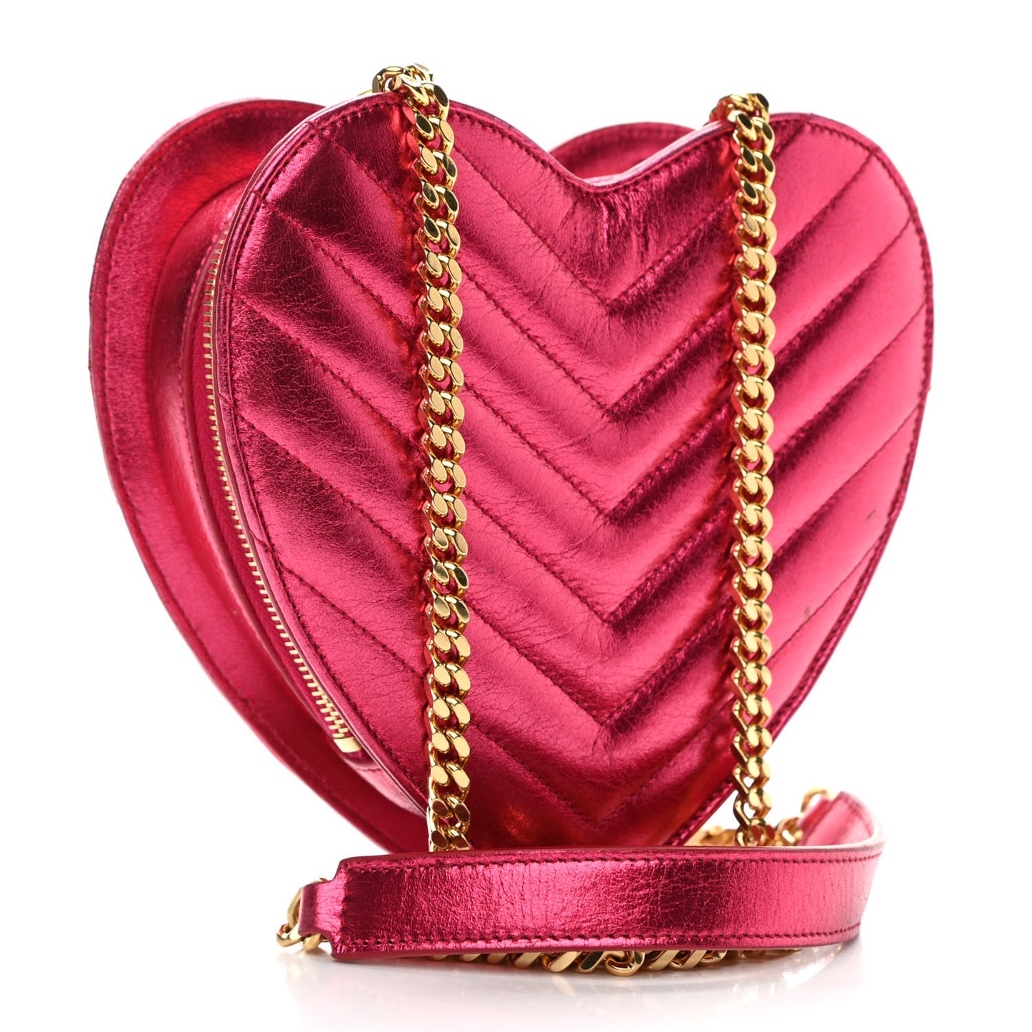Metallic Calfskin Matelasse Chevron Monogram Small Love Heart Chain Bag Red