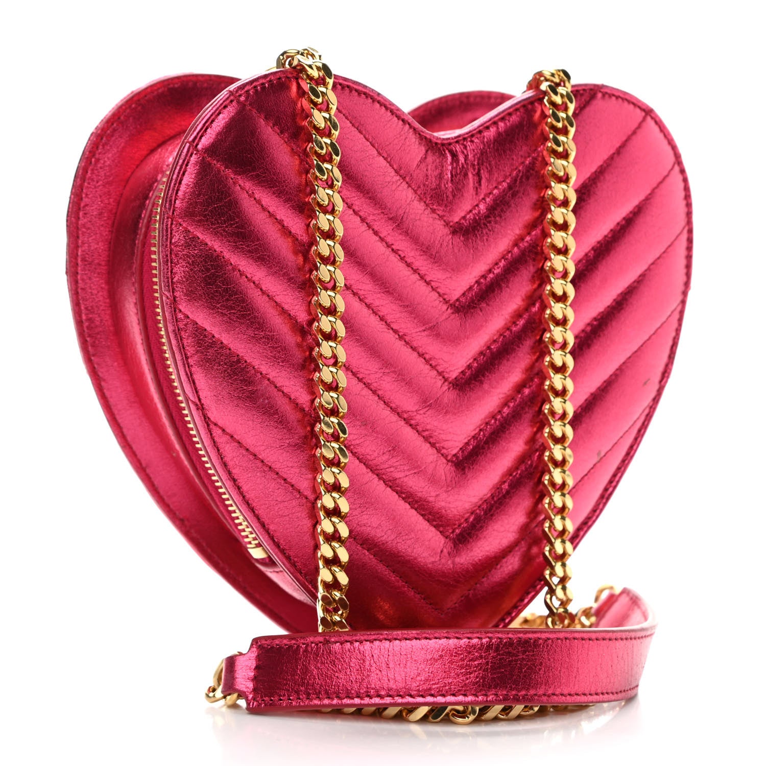 Saint Laurent Metallic Calfskin Matelasse Chevron Monogram Small Love Heart Chain Bag Red 3 of 14