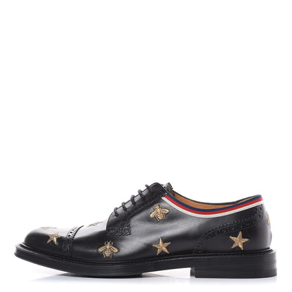 Gucci Calfskin Bee Star Embroidered Mens Captoe Derby Loafers 7.5 Black 1 of 10