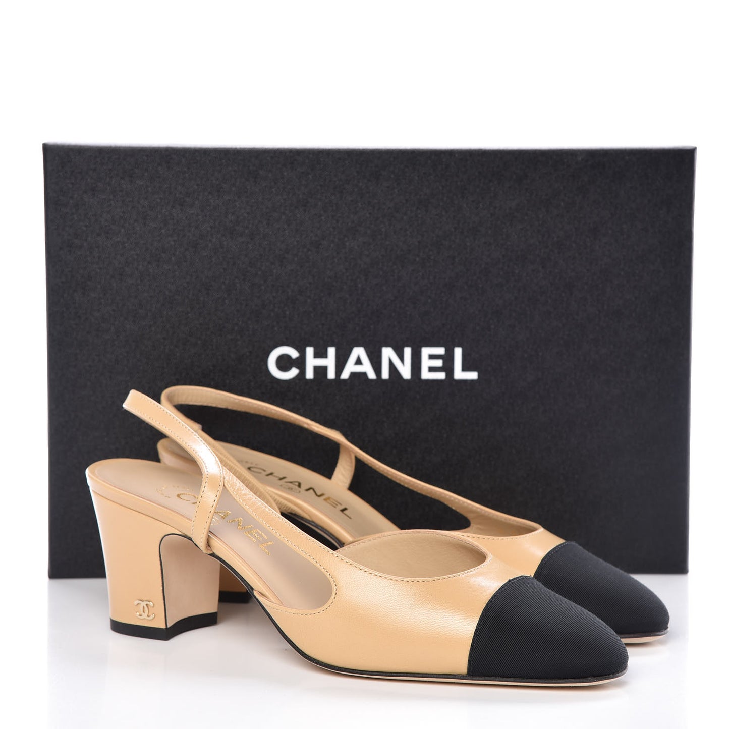 Goatskin Grosgrain Cap Toe CC Slingback Pumps 38 Beige Black