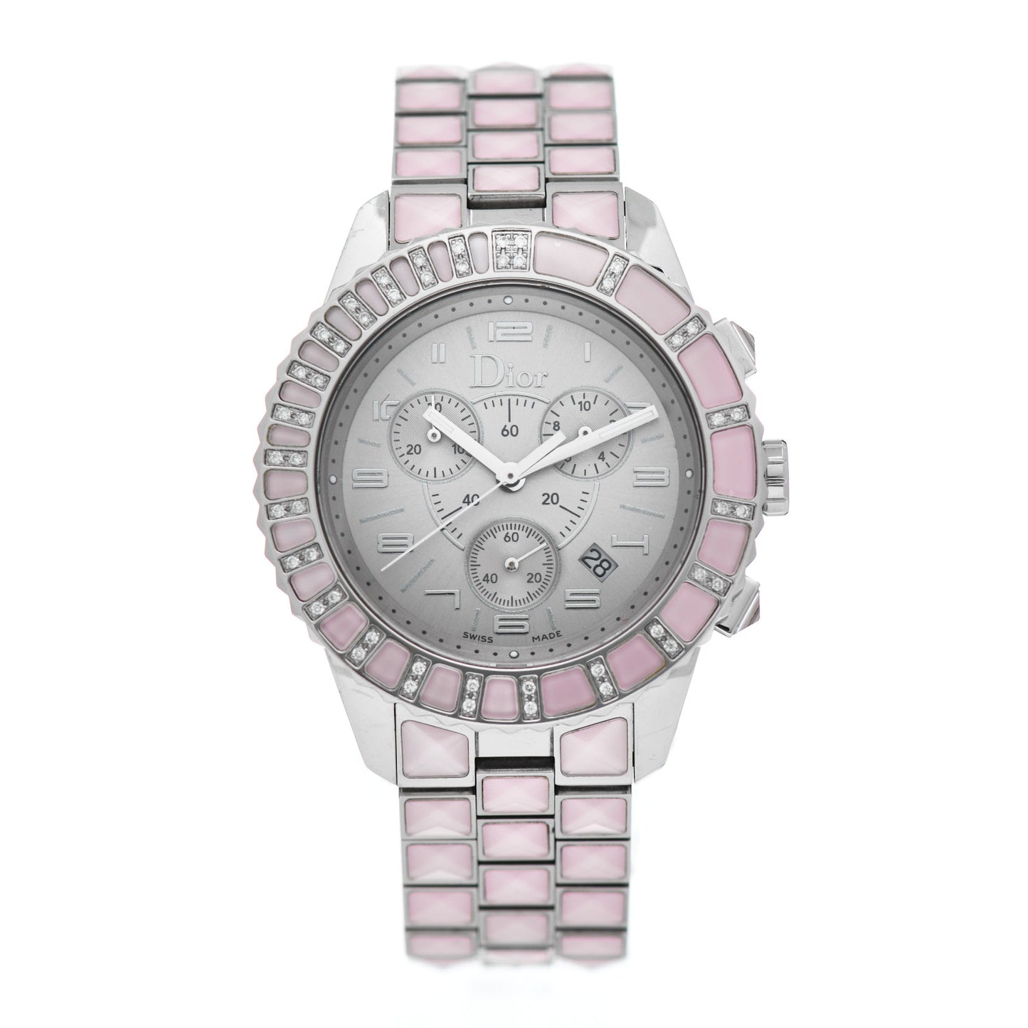 Stainless Steel Diamond Sapphire 38mm Christal Chronograph Quartz Watch Pink