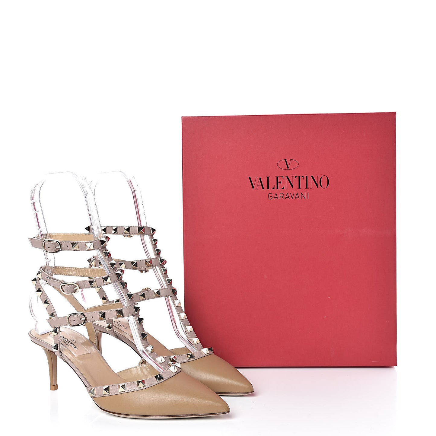 Calfskin Nappa Rockstud Ankle Strap 65mm Pumps 37.5 Alpaca Poudre