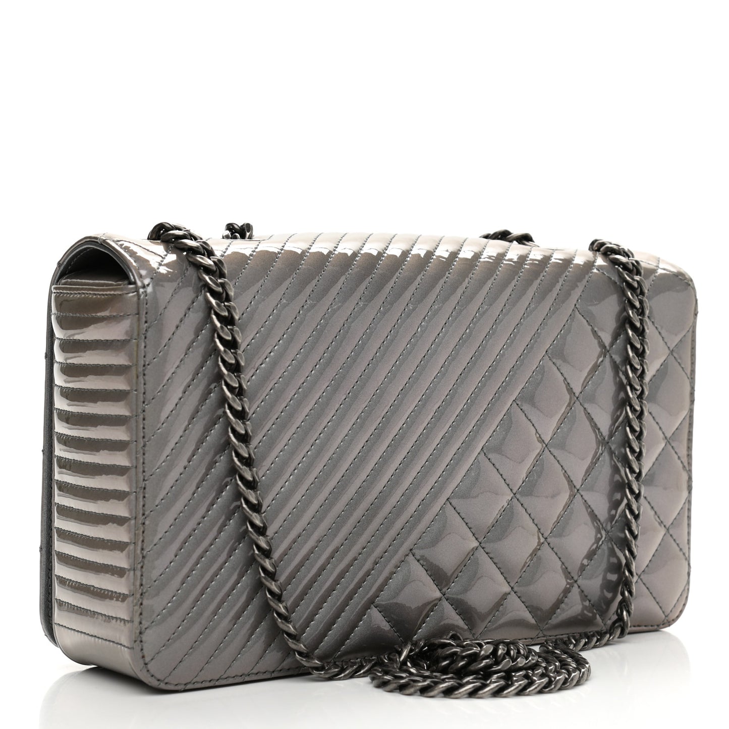 Metallic Patent Quilted Medium Coco Boy Flap Dark Silver