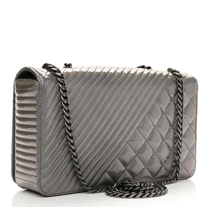 Chanel Metallic Patent Quilted Medium Coco Boy Flap Dark Silver 2 of 11