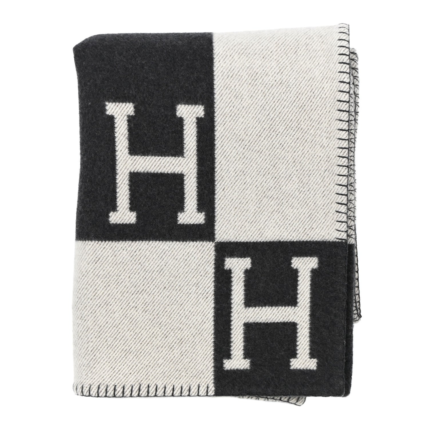 Hermes Wool Cashmere Signature Avalon Blanket Ecru Gris Fonce 1 of 5