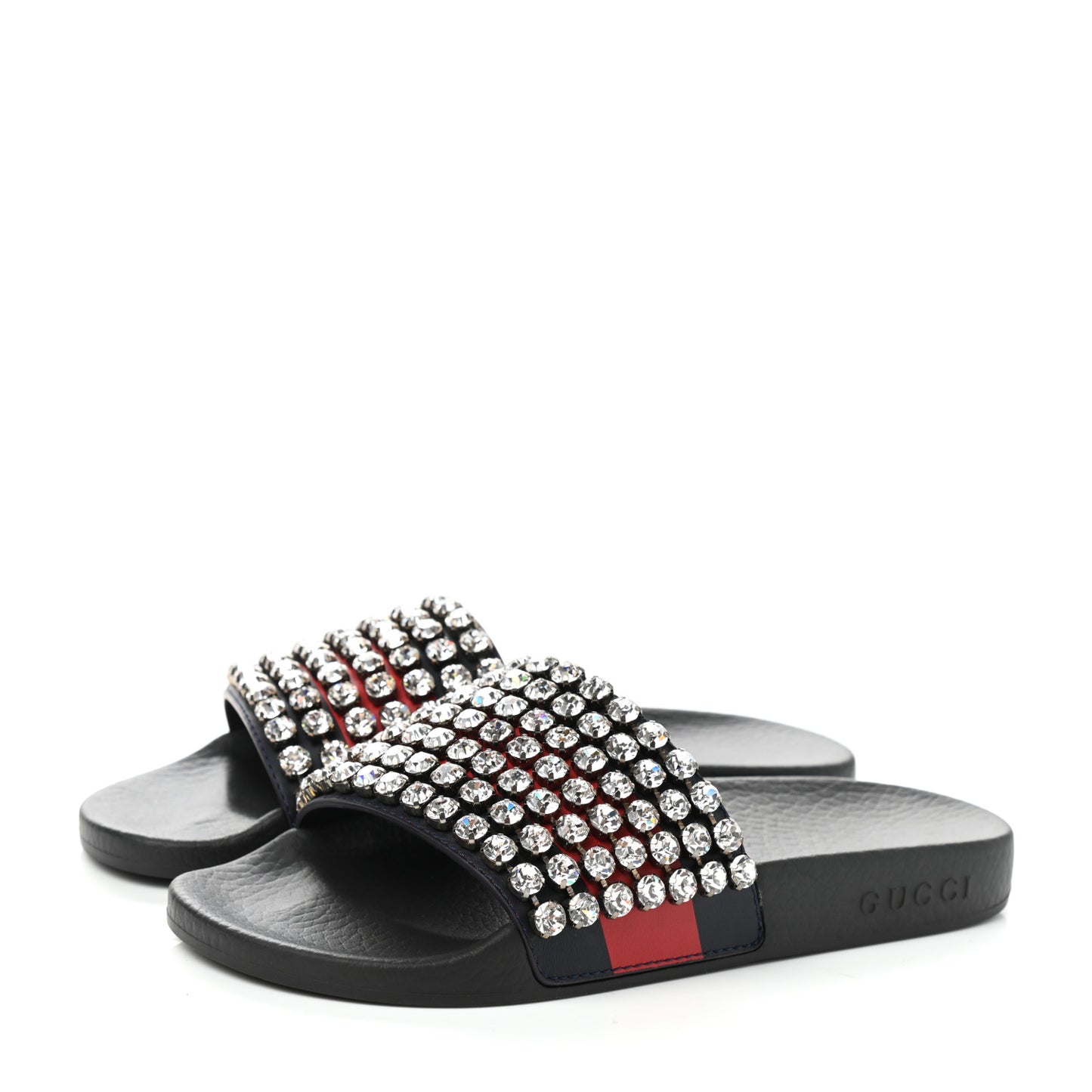 Calfskin Crystal Embellished Web Slide Sandals 36 Blue Red