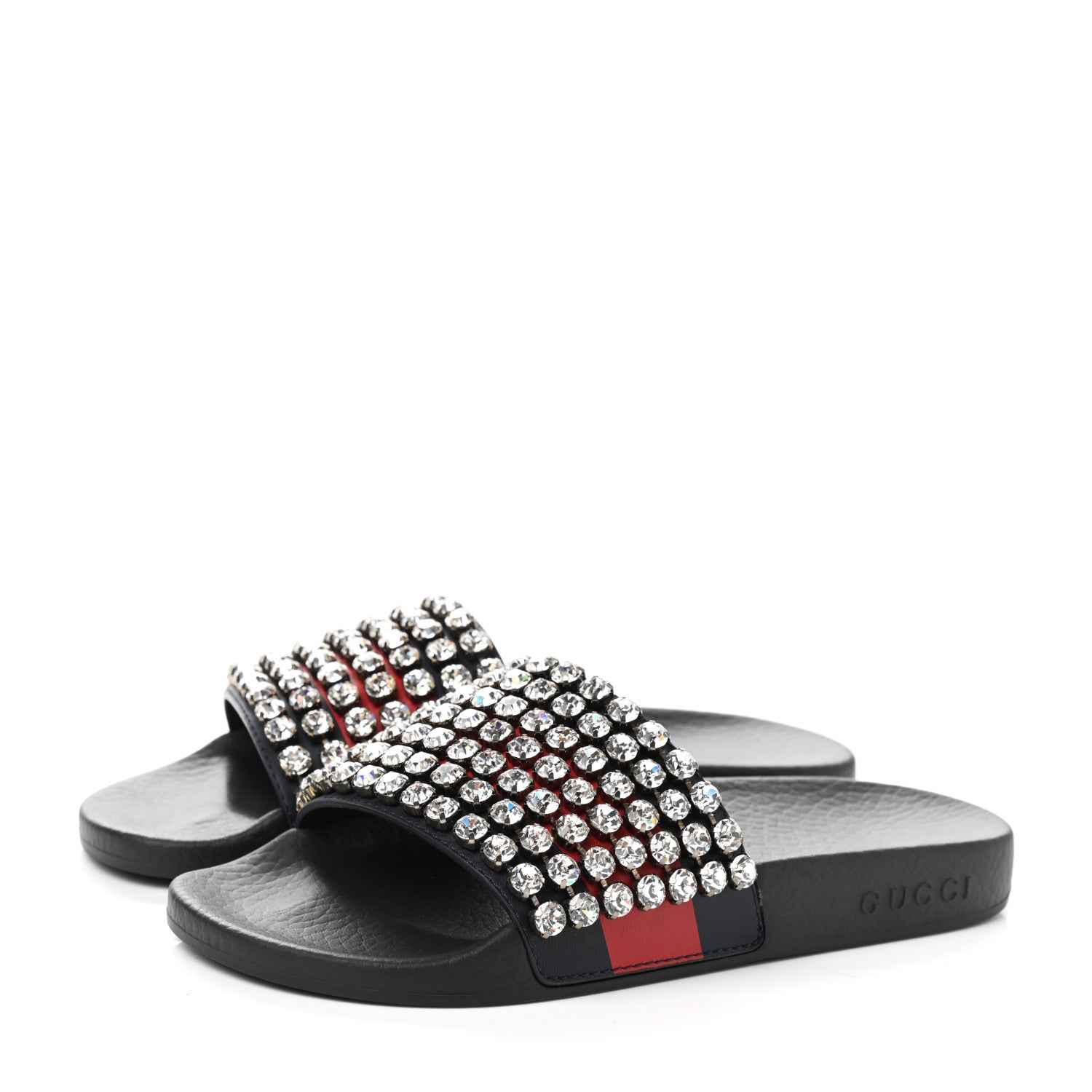 Gucci Calfskin Crystal Embellished Web Slide Sandals 36 Blue Red 3 of 7