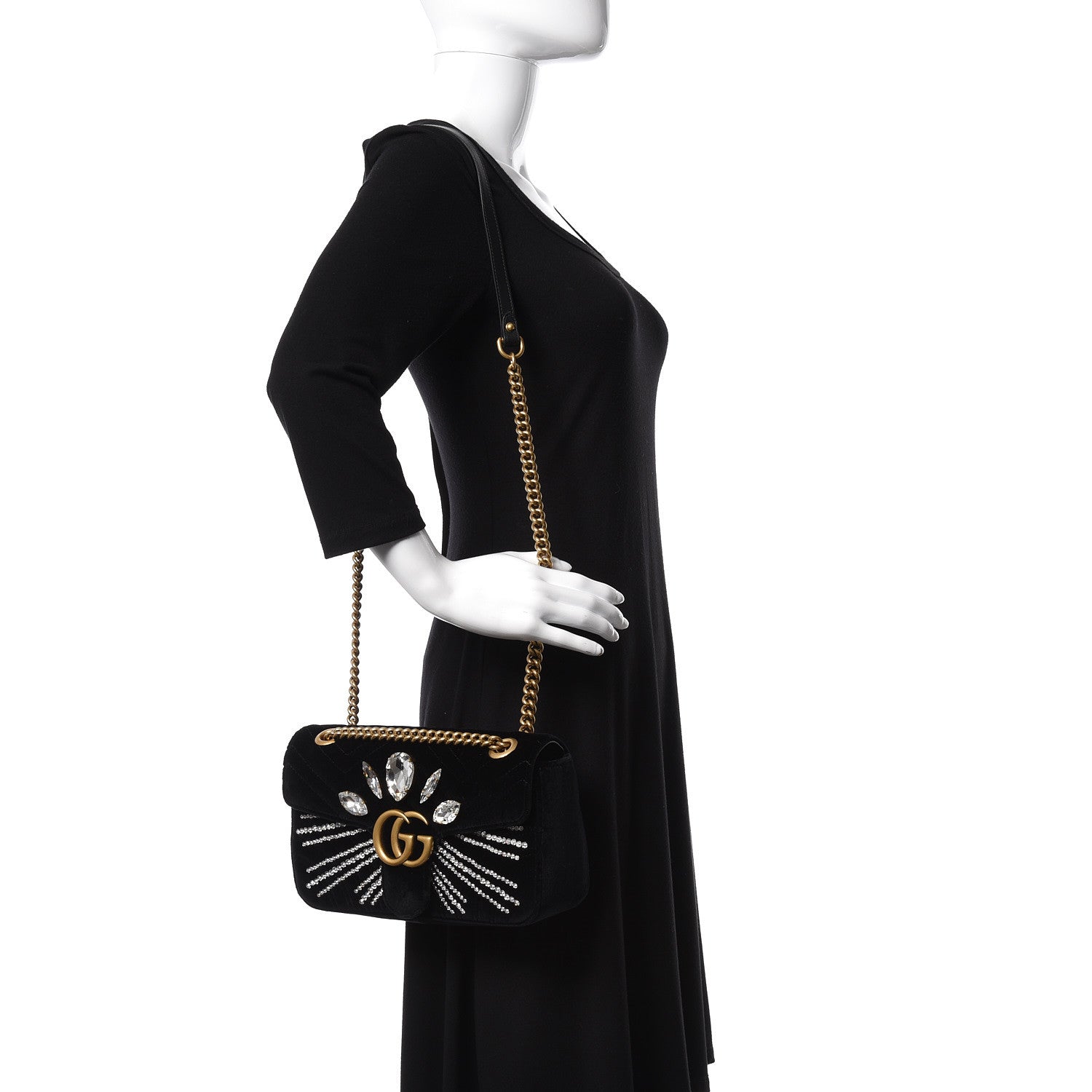Gucci Velvet Matelasse Marquise Crystals Embroidered Small GG Marmont Shoulder Bag Black 2 of 9