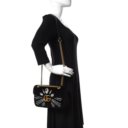 Gucci Velvet Matelasse Marquise Crystals Embroidered Small GG Marmont Shoulder Bag Black 2 of 9