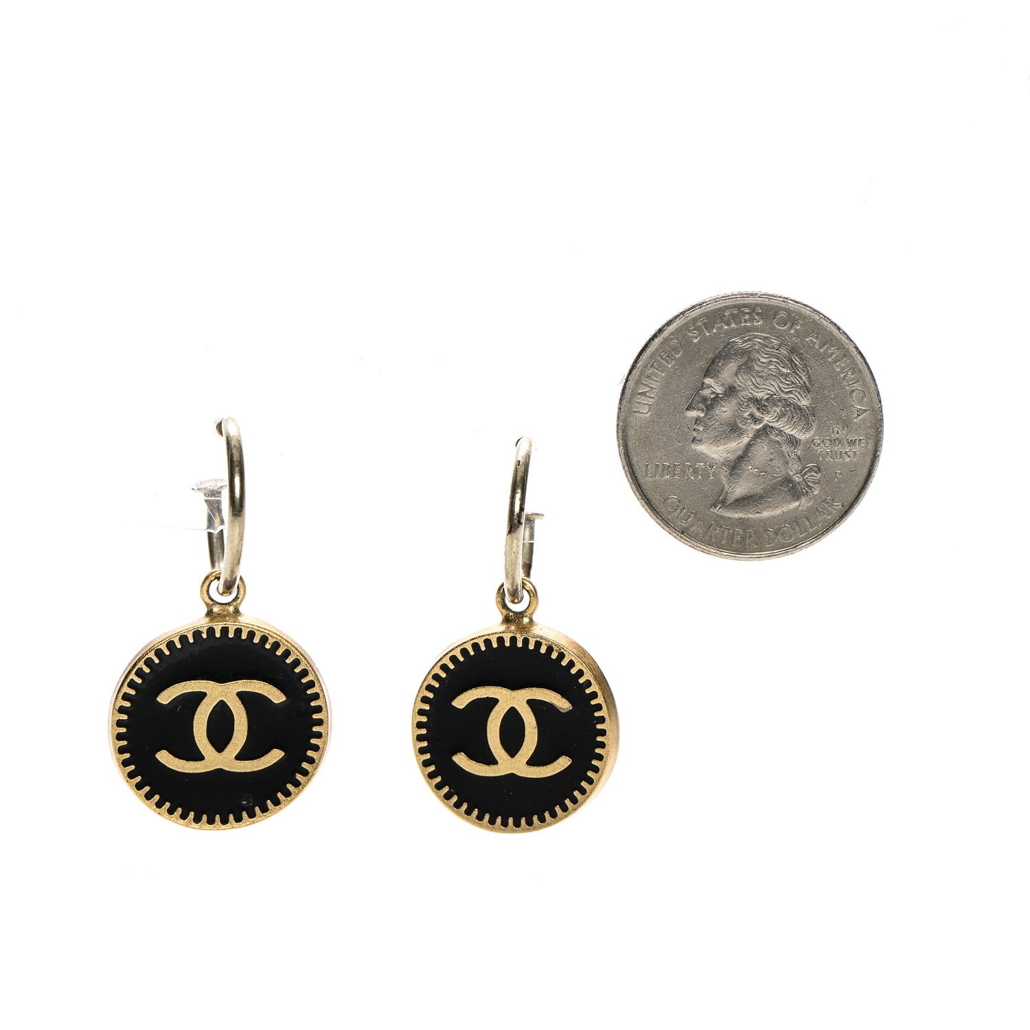 Chanel Metal Enamel CC Round Drop Earrings Gold Black White 2 of 5
