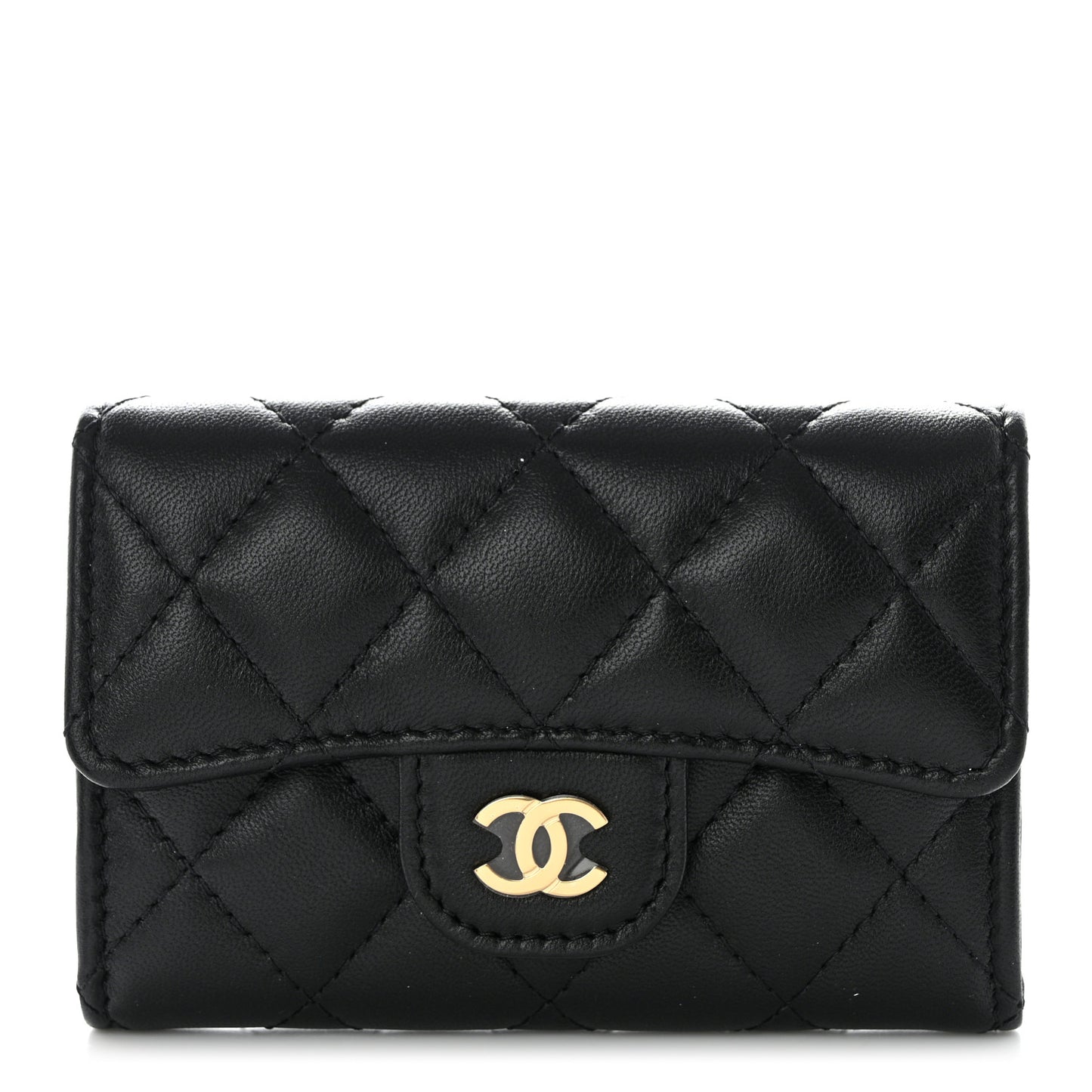 Lambskin Quilted Flap Card Holder Black