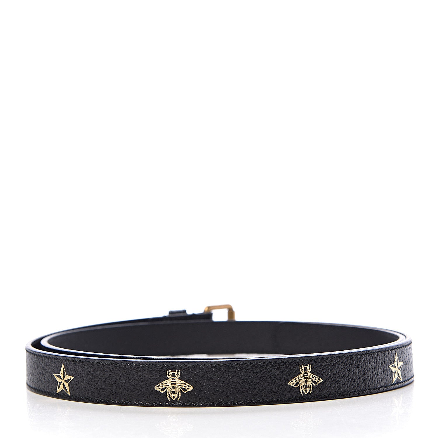 Gucci Textured Dollar Calfskin Bees And Stars Print Womens 20mm Belt 95 38 Black Gold 3 of 6