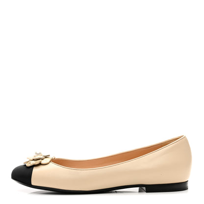 Chanel Calfskin Grosgrain Pearl Camellia Ballerina Flats 39 Beige Black 1 of 9