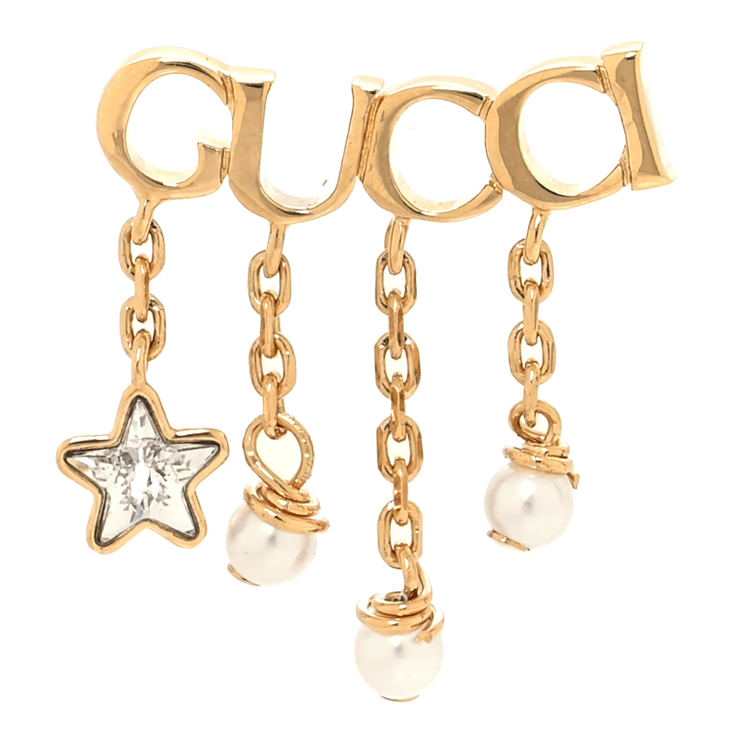 Gucci Metal Crystal Pearl Script Drop Single Earring Gold 1 of 5