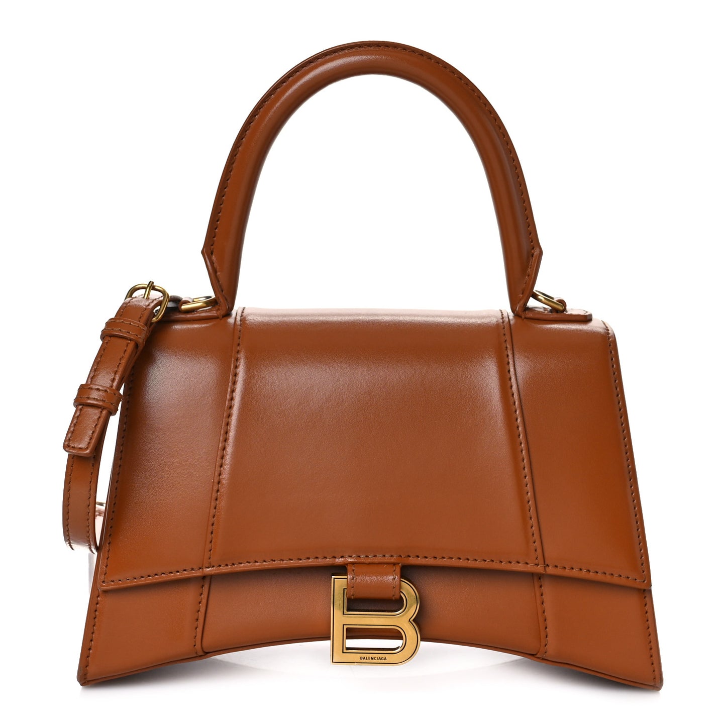 Shiny Box Calfskin Small Hourglass Top Handle Bag Camel