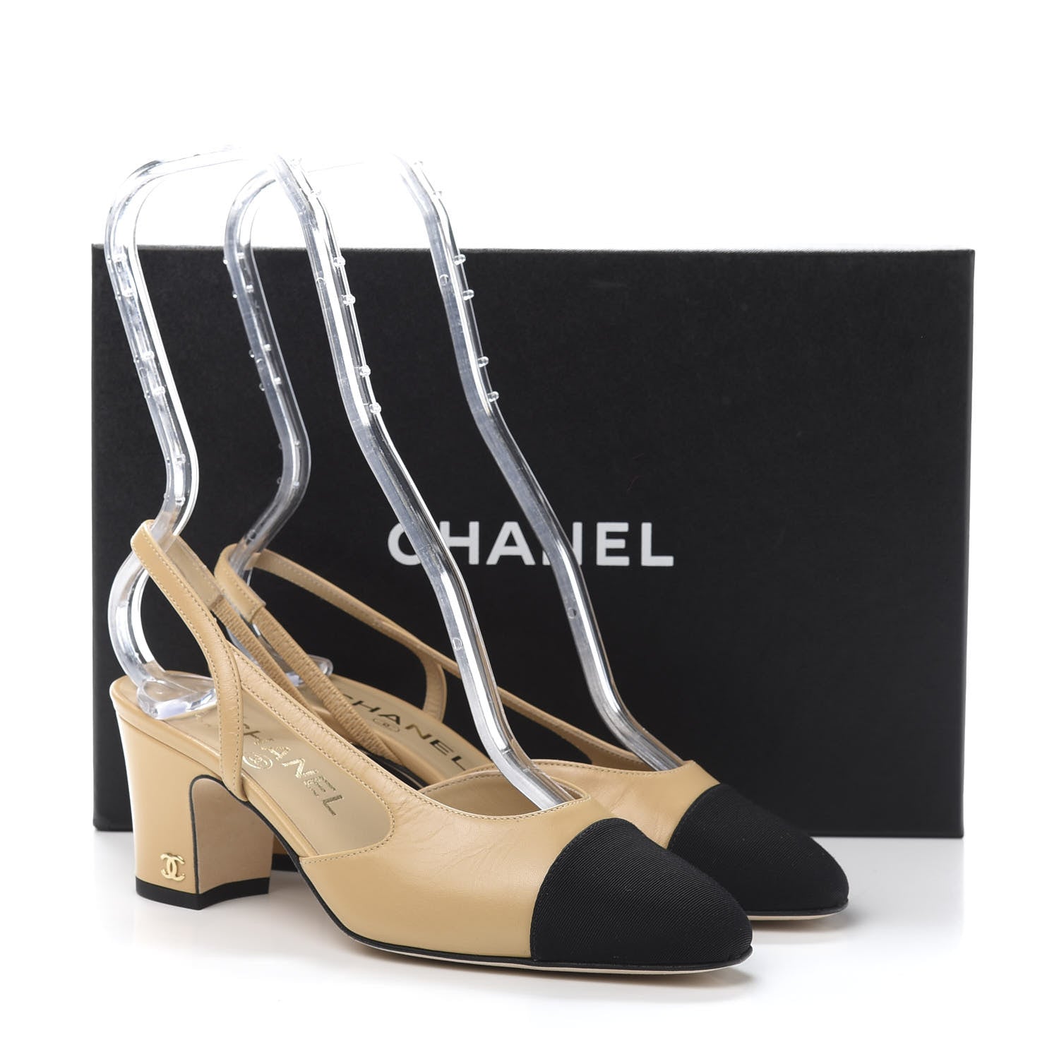 Chanel Goatskin Grosgrain Cap Toe CC Slingback Pumps 35 Beige Black 9 of 9