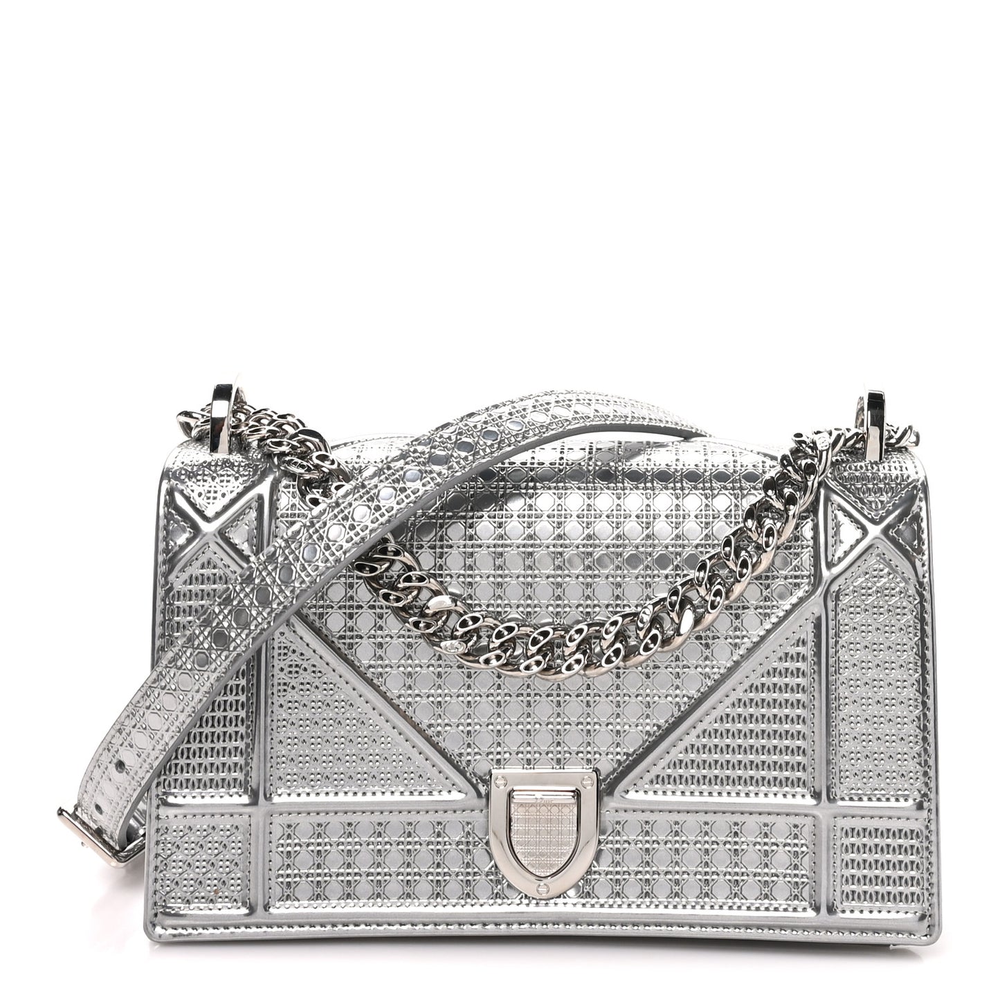 Metallic Patent Micro-Cannage Small Diorama Flap Bag Silver