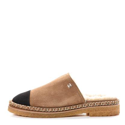 Chanel Kid Suede Shearling CC Chain Mules 37.5 Light Brown Black 1 of 8