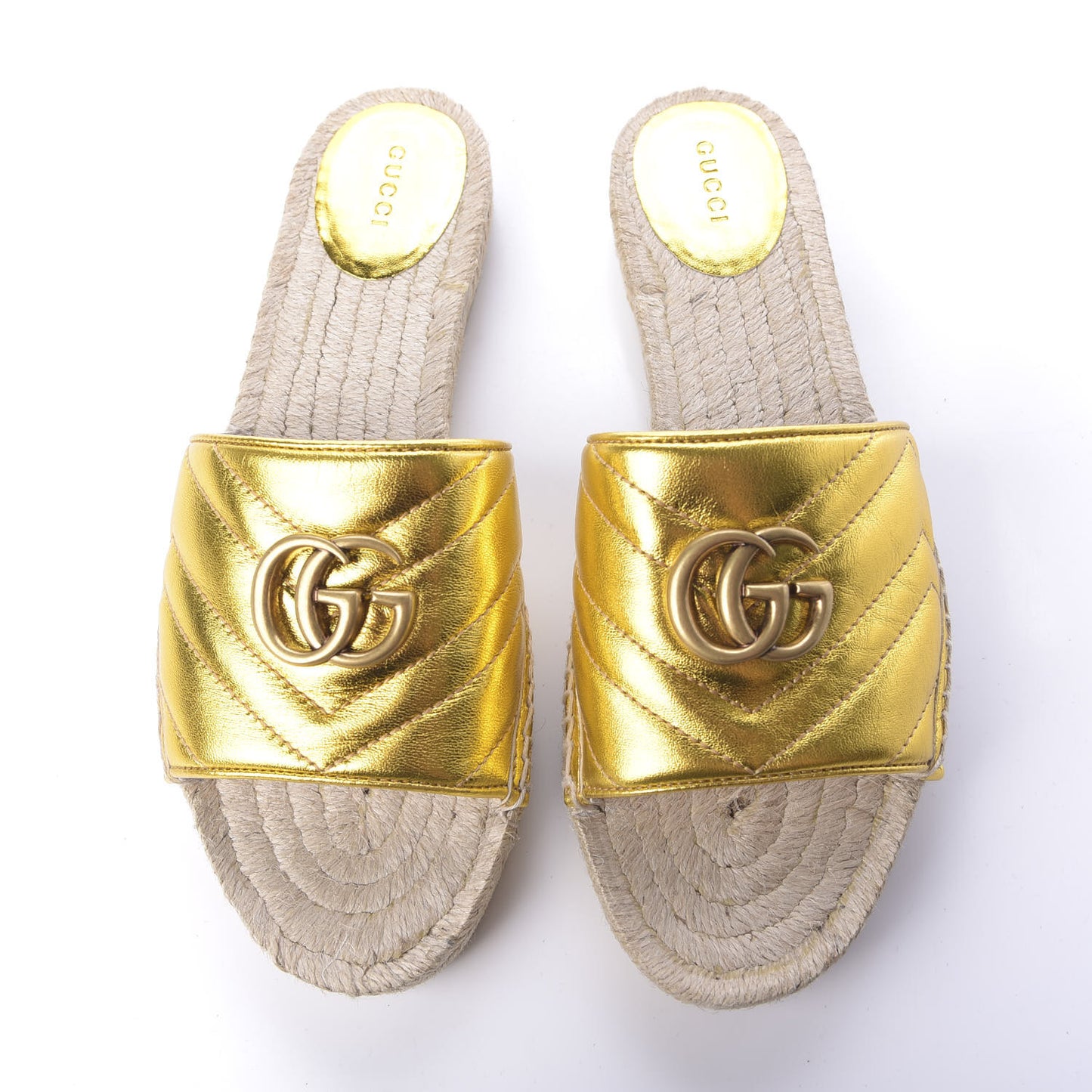 Metallic Nappa Matelasse GG Marmont Espadrille Slide Sandals 41 Oro