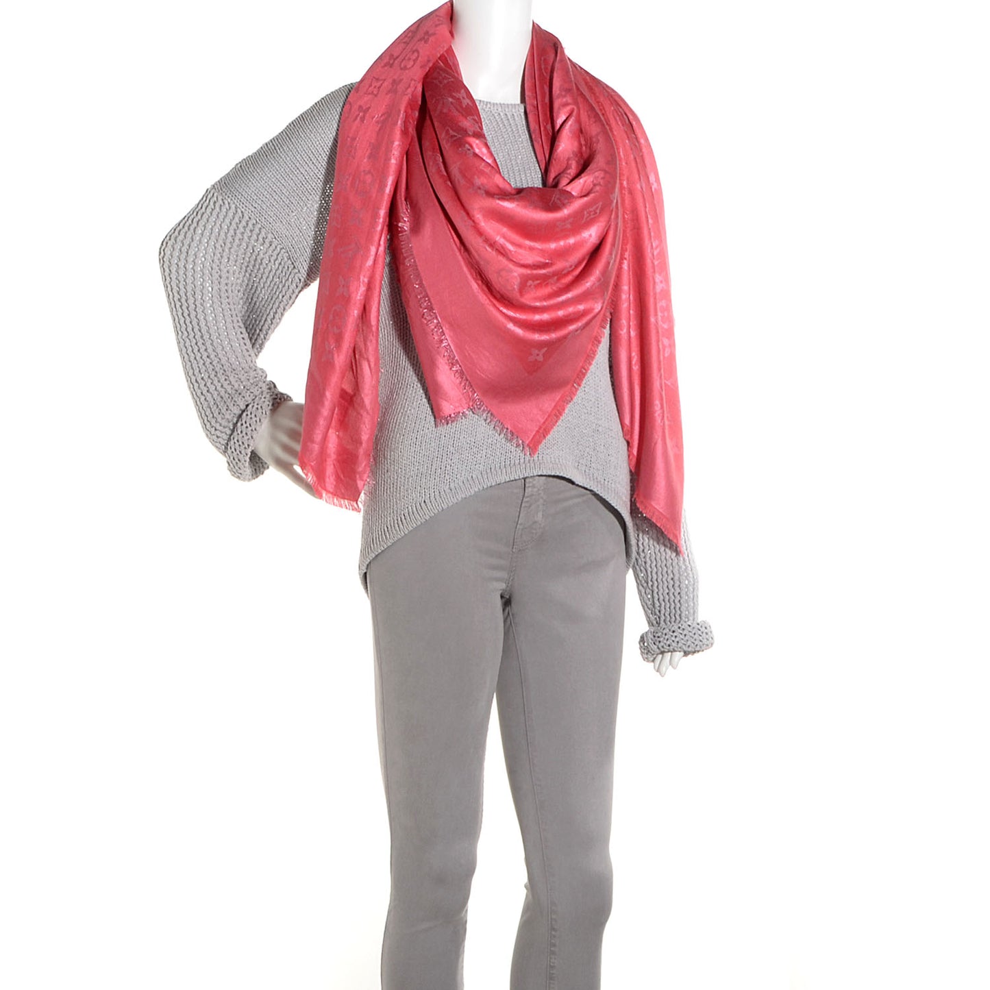 Silk Wool Monogram Voile Shawl Corail
