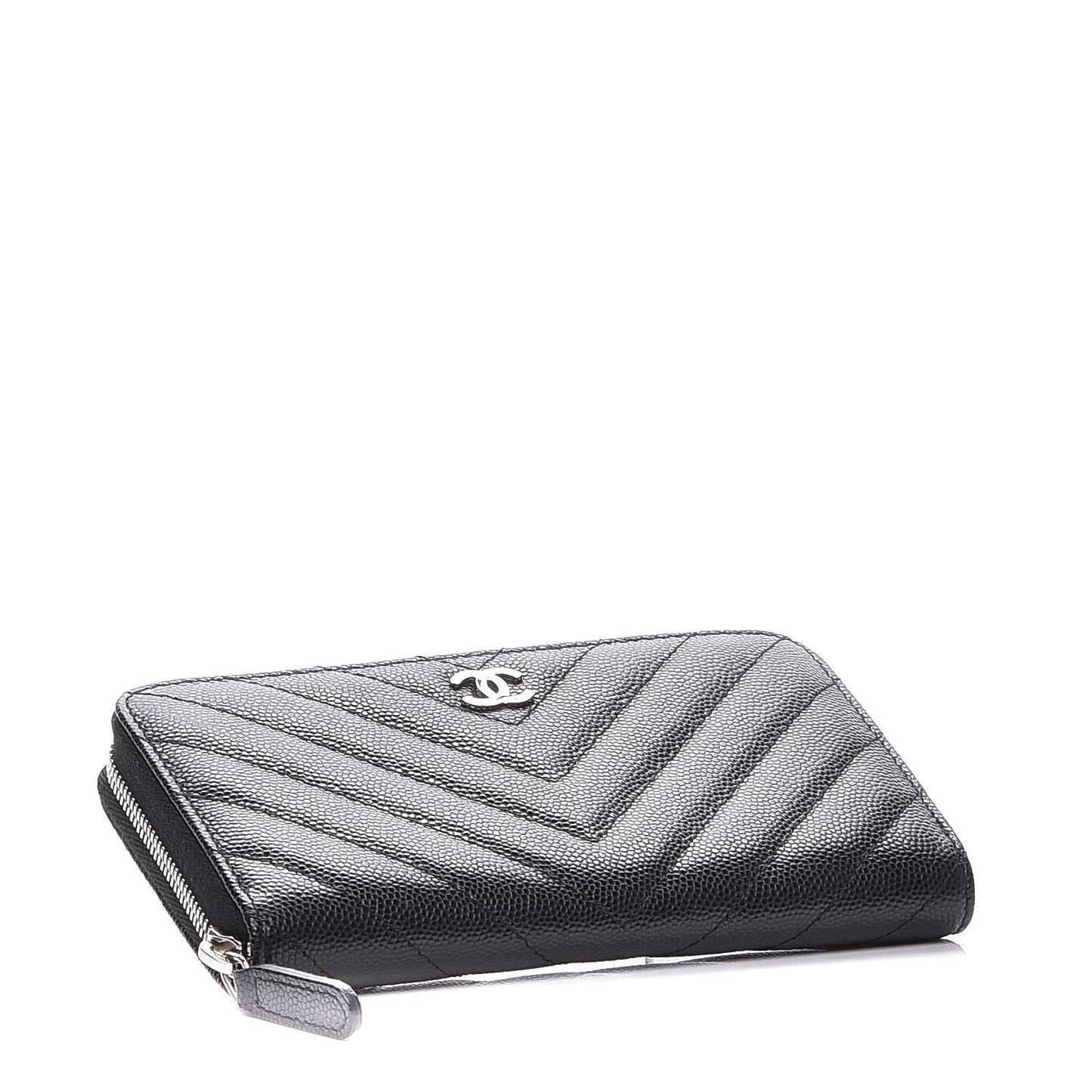 Caviar Chevron Quilted Small Zip Around Wallet Black