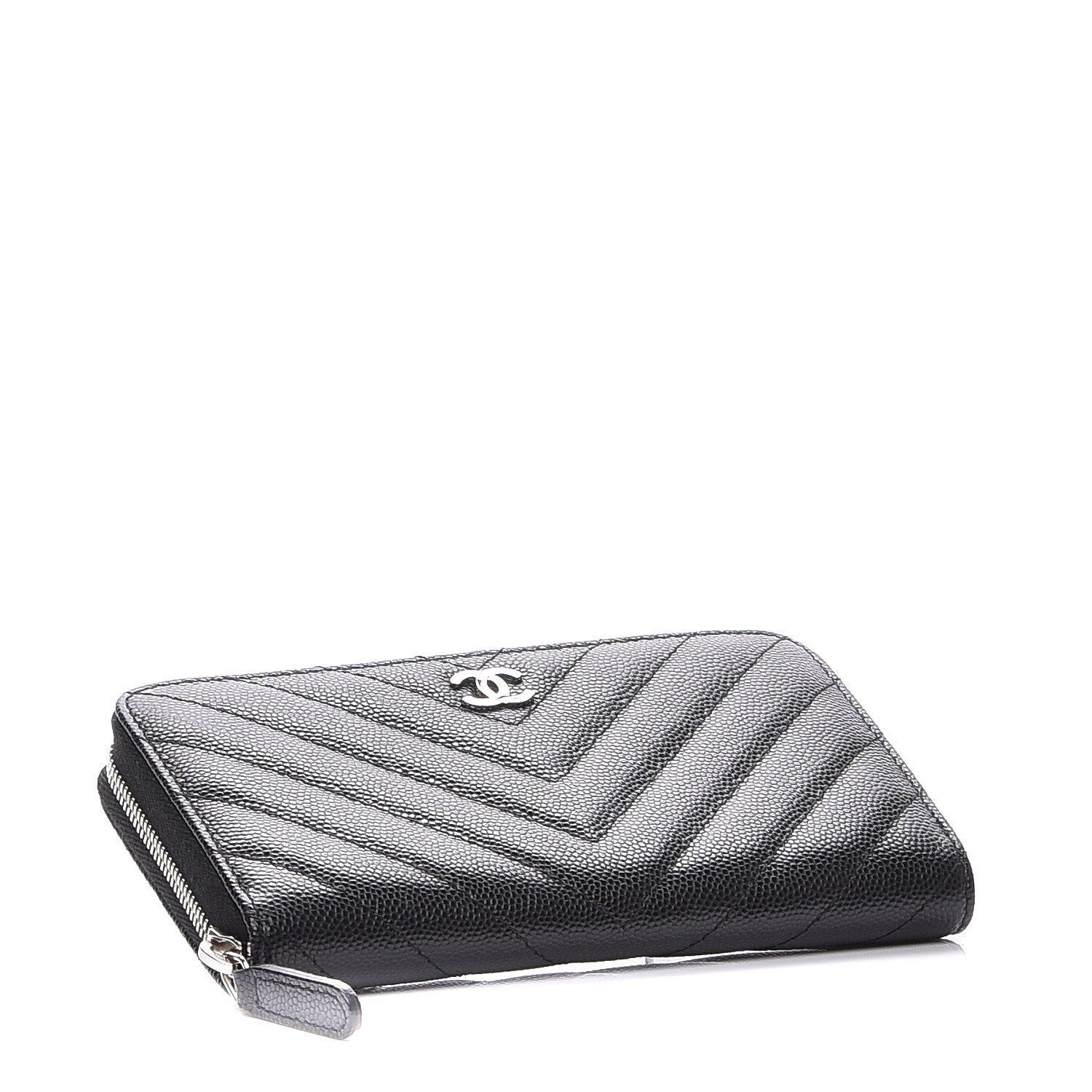 Chanel Caviar Chevron Quilted Small Zip Around Wallet Black 4 of 9