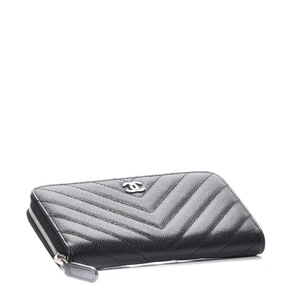 Chanel Caviar Chevron Quilted Small Zip Around Wallet Black 4 of 9