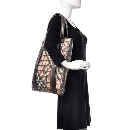 Burberry Metallic Calfskin Nova Check Patchwork Shopper Tote Pewter 2 of 15