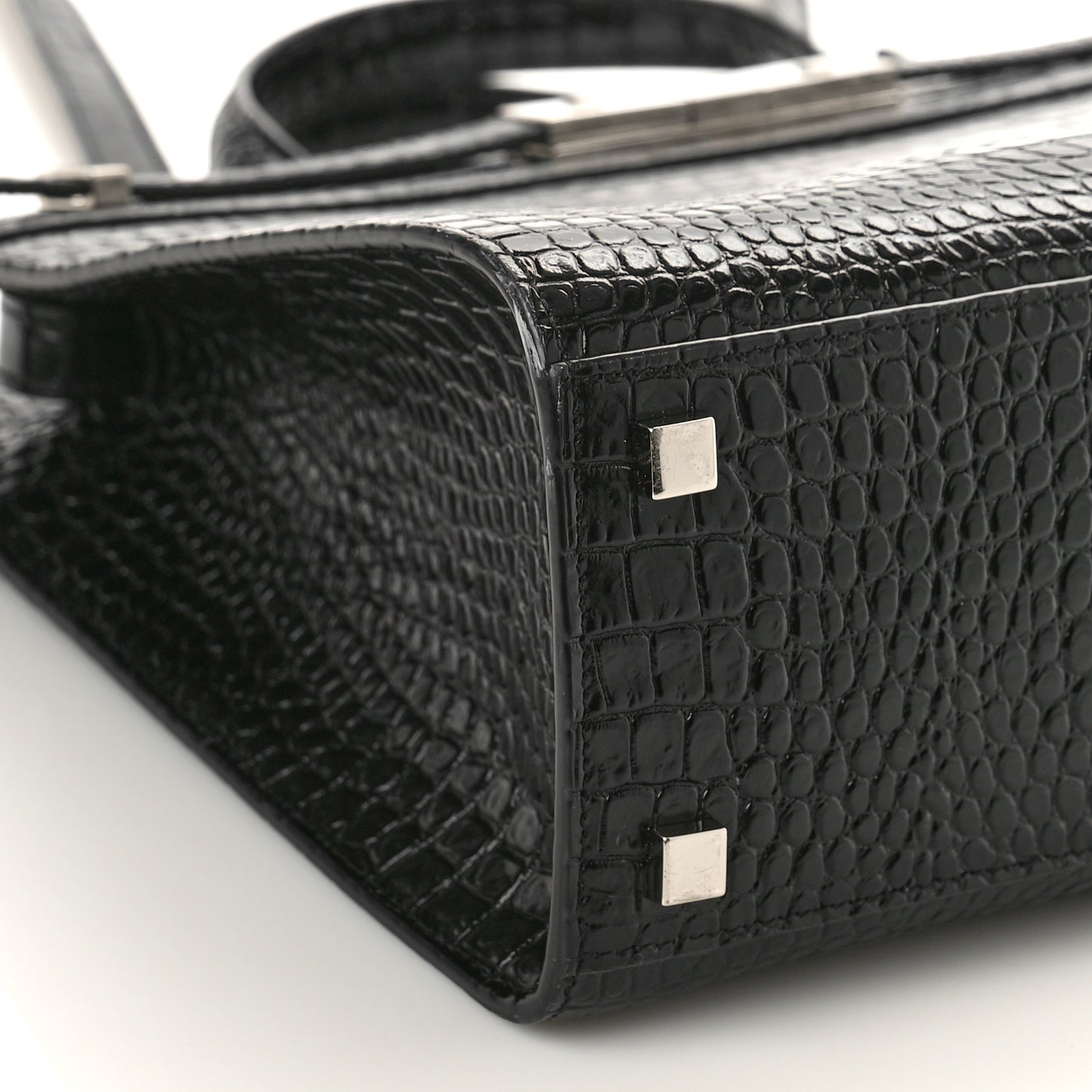 Shiny Calfskin Crocodile Embossed Small Manhattan Shopper Tote Black