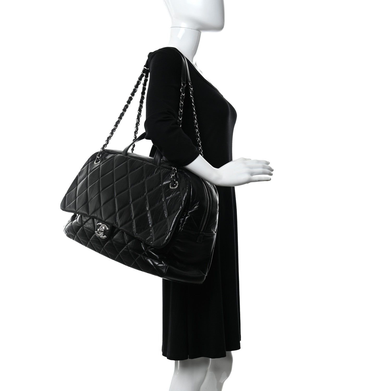 Chanel Aged Calfskin Quilted Large Express Bowling Bag Black 2 of 11