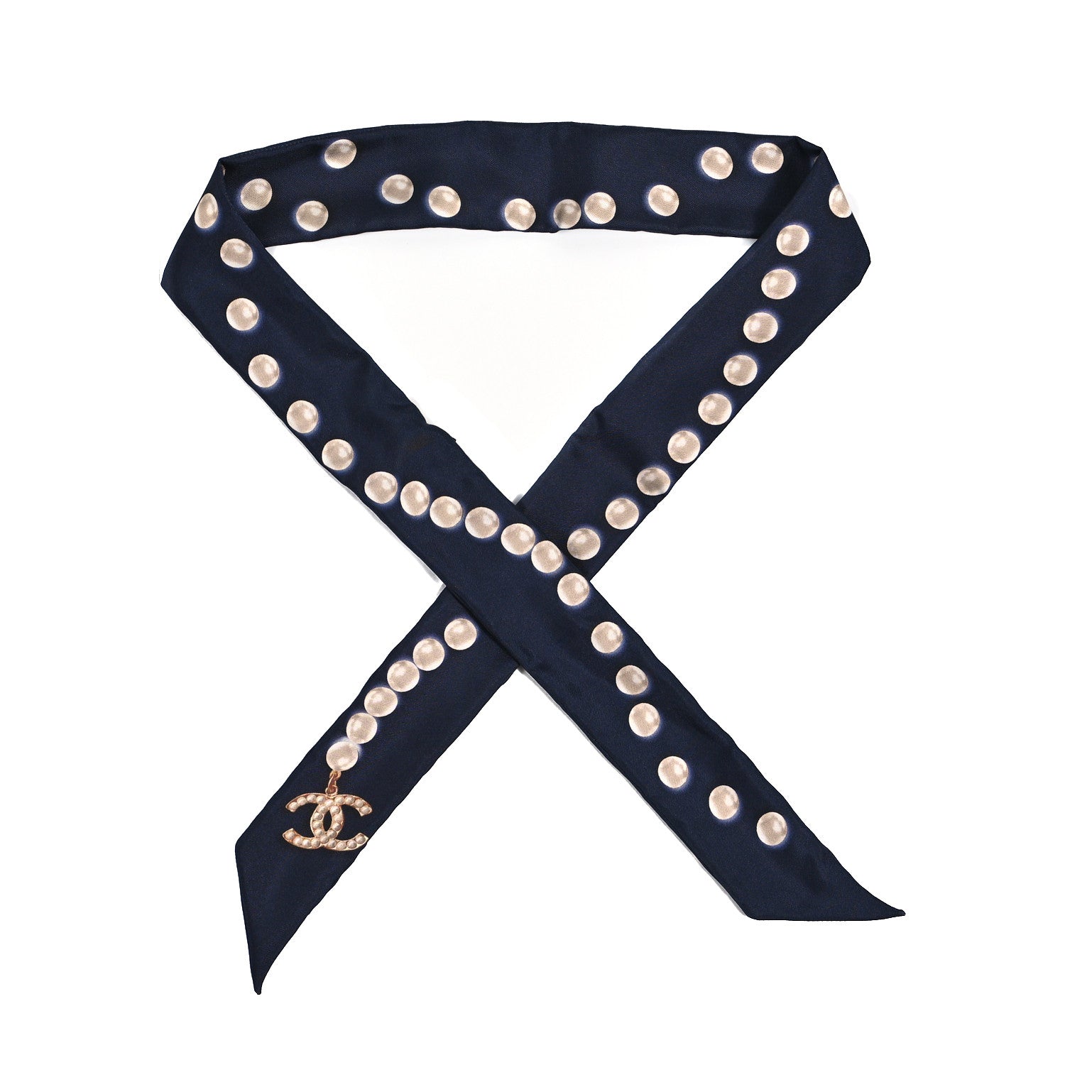 Chanel Silk Pearl CC Slim Bandeau Scarf Dark Navy 1 of 4