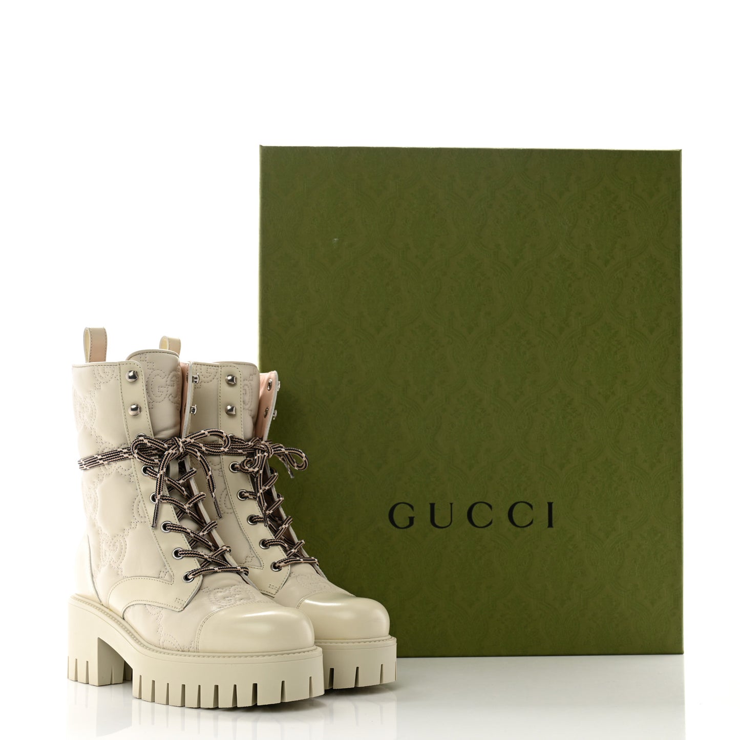 Cordovan Lux Nappa GG Matelasse Lace Up 60mm Combat Boots 36 Milk White