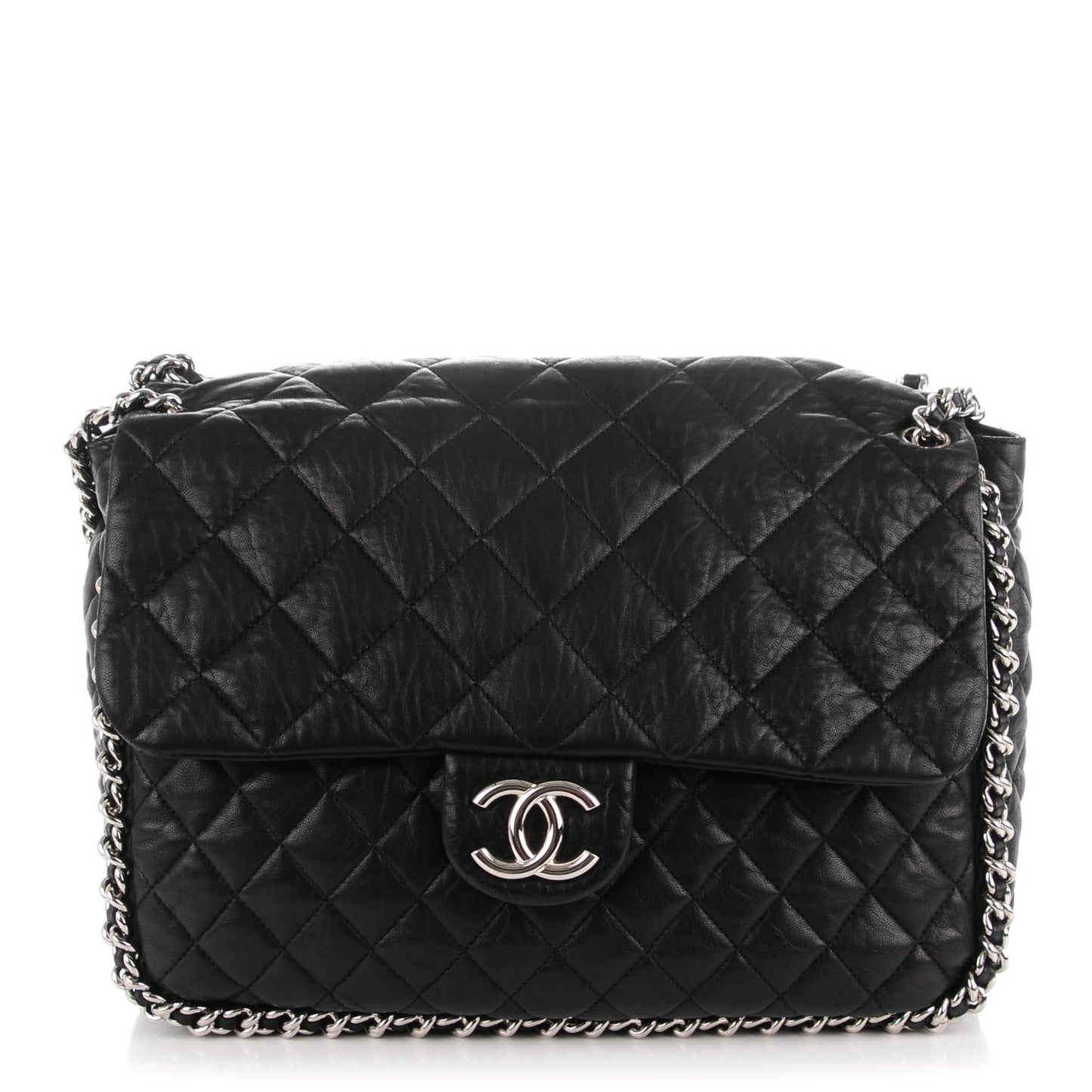 Crumpled Lambskin Quilted Maxi Chain Around Flap Black